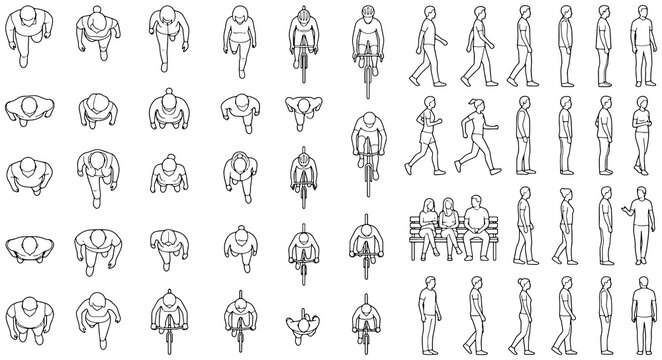 Set of architectural human scale figures in top and side view sketches