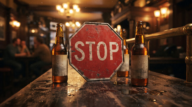 Stop drinking alcohol concept with a red stop sign surrounded by beer bottles on a wooden pub bar counter drinking addiction interior beverage alcoholic sobriety