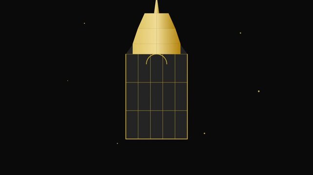 Minimalist golden geometric elevator cabin moving against dark background
