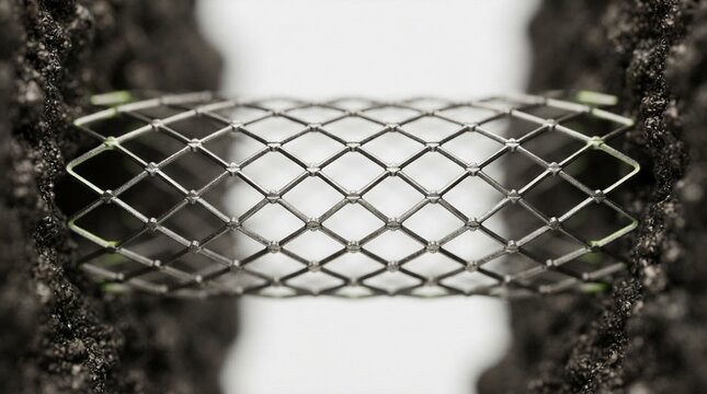 Medical coronary stent expanding inside a blocked artery, representing cardiovascular surgery and treatment