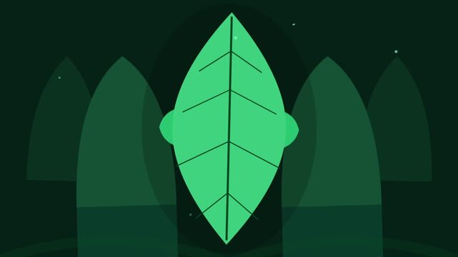 Minimalist Green Leaf Icon Floating Over Abstract Dark Forest Background