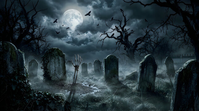 eerie graveyard with full moon, flying birds, and skeletal hand reaching from grave in misty night.