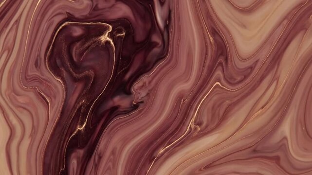 Abstract liquid marble texture with flowing dark brown and soft tan swirls in a fluid motion.