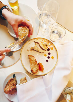 Enjoying a Meal with Foie gras  in Parisian restaurant