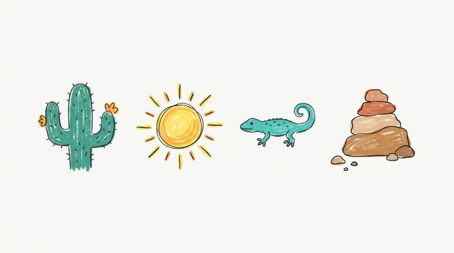 Hand drawn desert icons set including cactus sun lizard and stones
