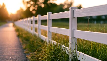 Fototapeta premium White fence stands along paved path in park during golden hour. Sunset light shines over tall green grass field with soft bokeh trees background. Rural landscape trail provides peaceful scenery for