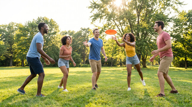 Diverse group of friends enjoying a sunny day playing frisbee in a park