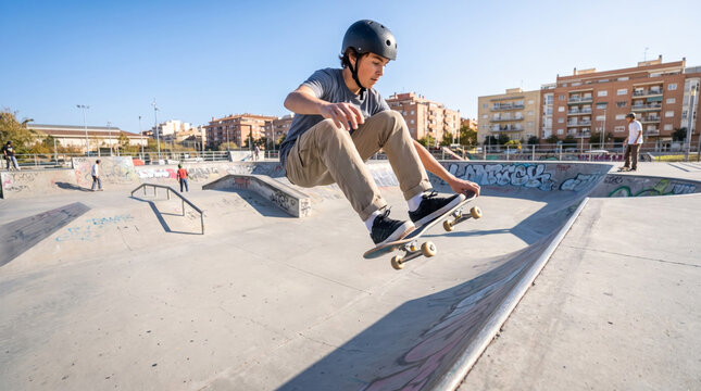 Teenage skateboarder performs aerial trick in sunny skatepark with urban buildings in background