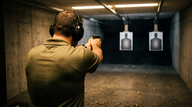 Man practicing shooting skills with a handgun at an indoor shooting range facility wearing protective earmuffs and tactical gear aiming at paper targets, shooting