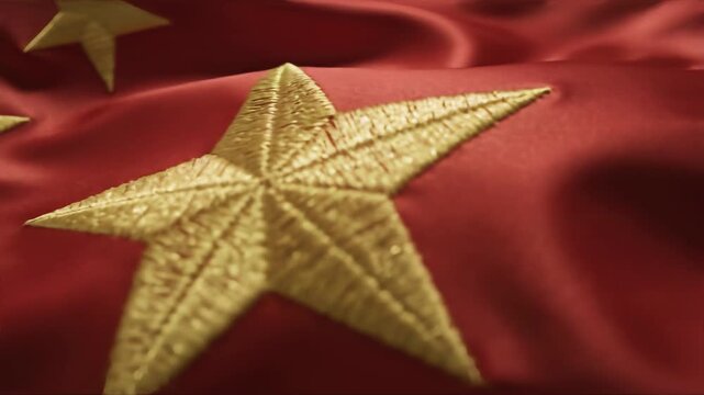 Chinese flag background with red fabric and golden stars waving concept representing national symbol, patriotism, sovereignty, cultural identity, and state emblem celebration.