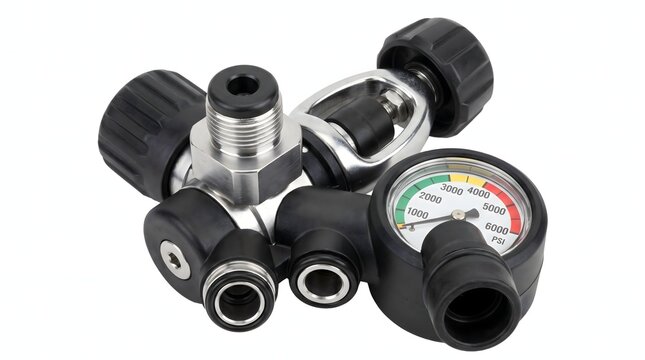 Scuba diving regulator and pressure gauge equipment for underwater exploration.