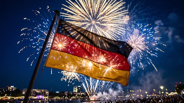 German flag waving against a backdrop of bright night fireworks celebrating the official german unity day holiday event