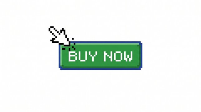 Buy now button rendered in 8-bit pixel art style features a green surface and clicking cursor.