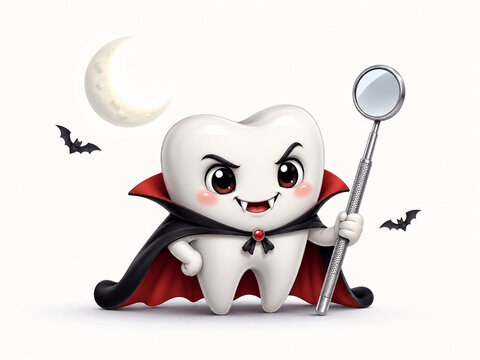 Cute Vampire Tooth Holding Dental Mirror on Halloween Night