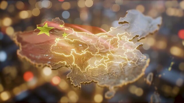 Golden map of China glows against city lights. Chinese flag waves softly across its surface. Bokeh lights shimmer behind the map's edges. Map pulses with energy, symbolizing progress and growth