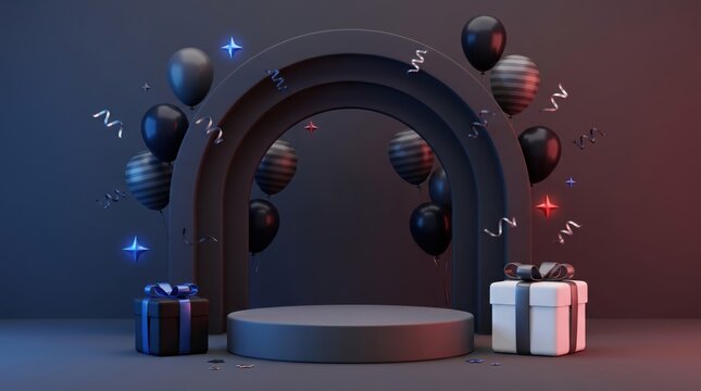 Celebratory arch with gifts and balloons for party or special occasion
