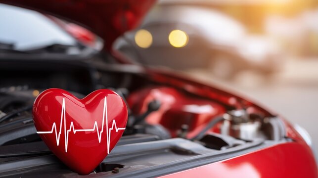 Car Health and Engine Diagnostic Concept with Red Heart and ECG Pulse