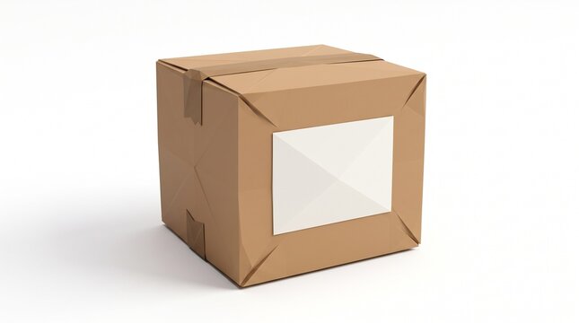 Cardboard box package with a blank white shipping label rests on a bright neutral surface.