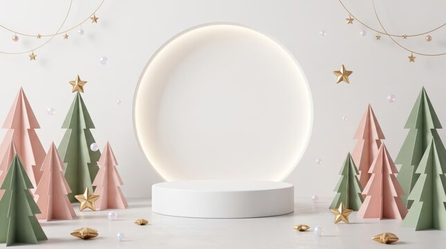 Christmas background with paper trees and glowing white circle