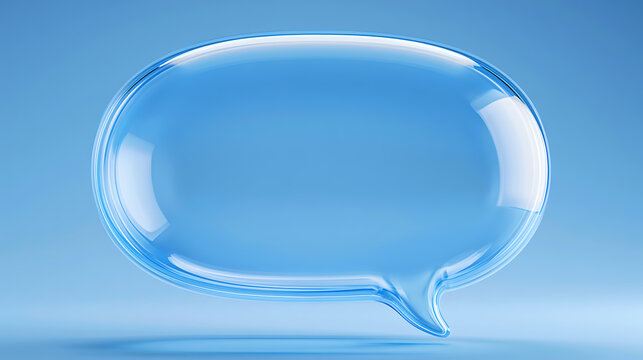 Clear glass speech bubble stands on a light blue gradient background