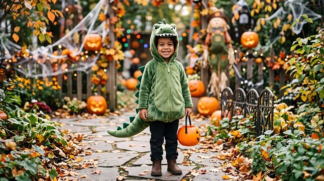 Little boy in a green dinosaur costume holding a pumpkin bucket standing on a garden path at halloween with halloween dinosaur celebration