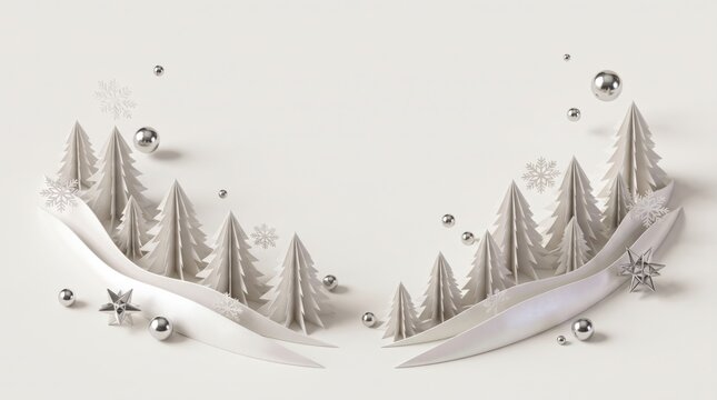 Minimalist Christmas scene with white paper trees and silver ornaments