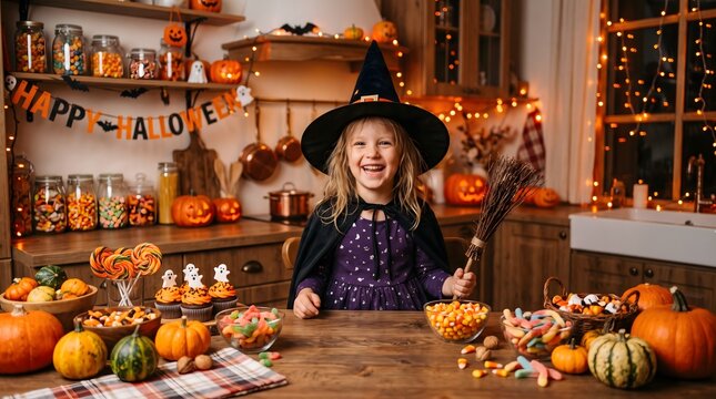 Little girl wearing a witch hat and costume holding a magic wand in a kitchen filled with halloween treats and pumpkins halloween seasonal