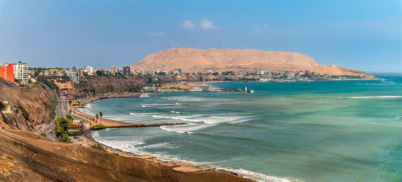 A view from the Barranco district along the Pacific coastline in Lima, Peru in the dry season