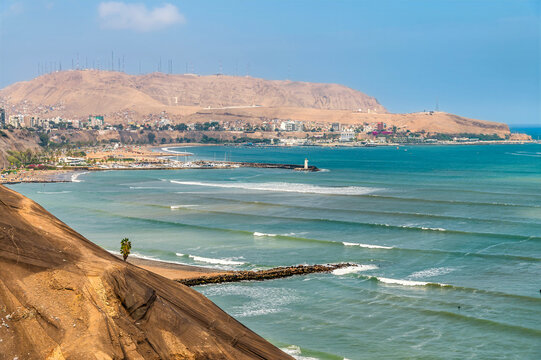 A view down towards beaches from the Barranco district on the Pacific coastline in Lima, Peru in the dry season