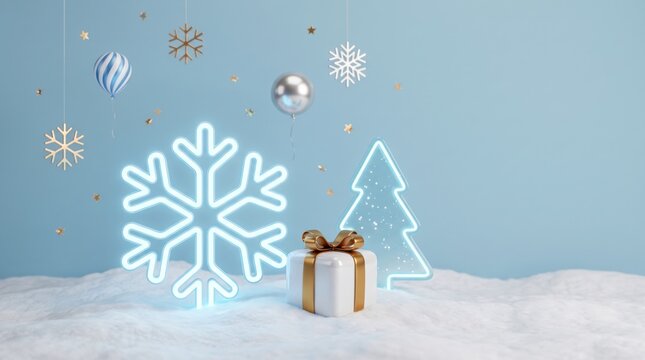 Winter wonderland scene with neon snowflake and Christmas gift on snowy ground