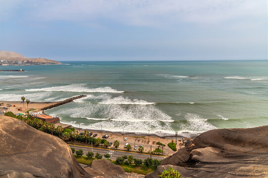 A view down towards Playa Makaha from the Barranco district on the Pacific coast of Lima, Peru in the dry season