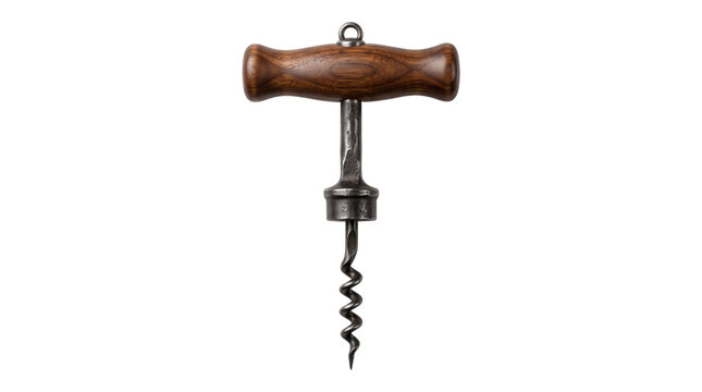 Vintage corkscrew with wood handle isolated on white background