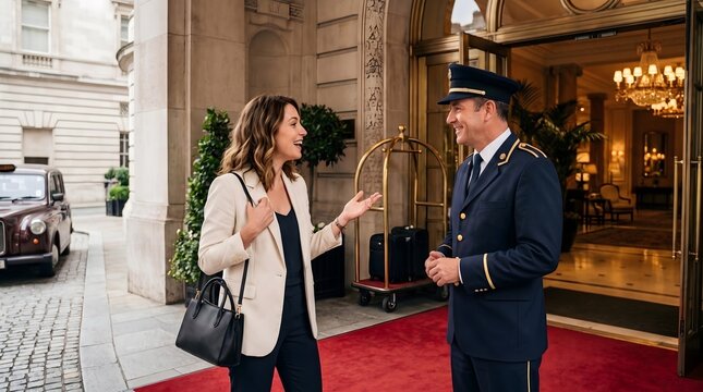 Hotel guest arriving and speaking to doorman at grand entrance with concierge entrance hospitality greeting building professional