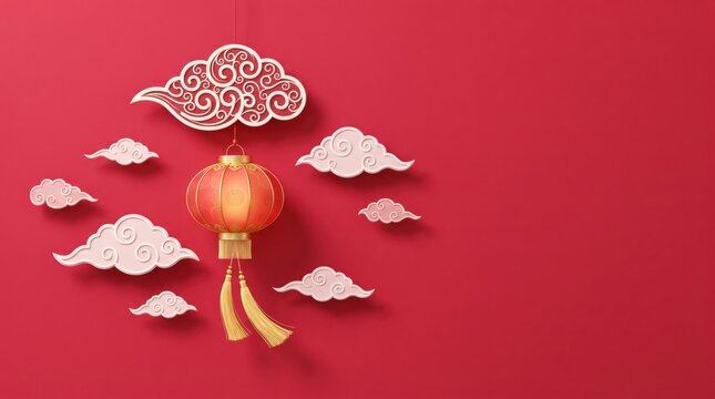 Chinese lantern on red background with white clouds
