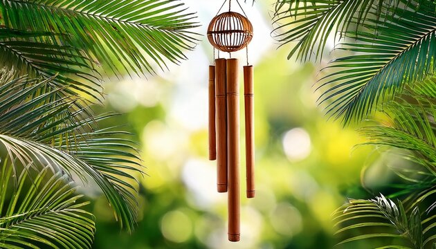 bamboo wind chimes hanging among green palm leaves