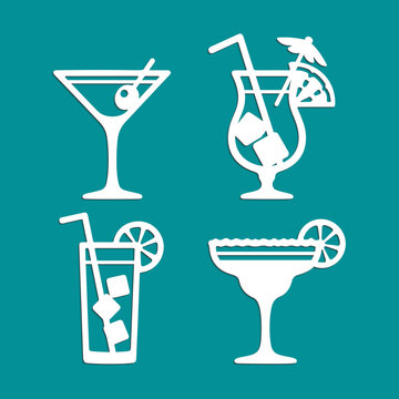 Paper cutting set with various types of cocktails. Simple flat silhouette vector art in paper cut craft style.	