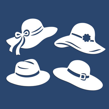 Paper cutting set with various types of summer brim hats. Simple flat silhouette vector art in paper cut craft style.	