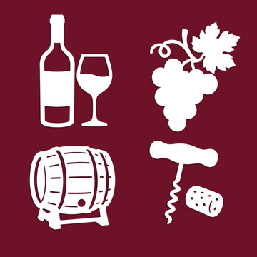 Paper cutting set with alcohol bottle, glass of wine, grapes, wine barrel, corkscrew, cork stopper. Simple flat silhouette vector art in paper cut craft style.	