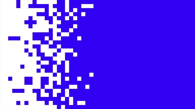 Blue pixel blocks migrate across a white background, forming a digital wipe. High-contrast animation suitable for technical transitions and reveals.