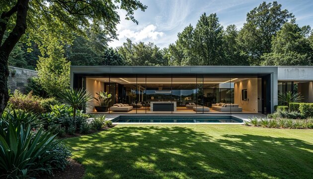 Modern luxury house with glass walls pool and green lawn landscape, architecture