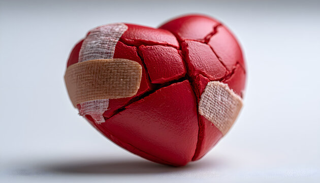 Red heart object fractured into pieces held together by bandages. Symbolizes healing from emotional pain trauma or loss. Love is broken mending after bad breakup.