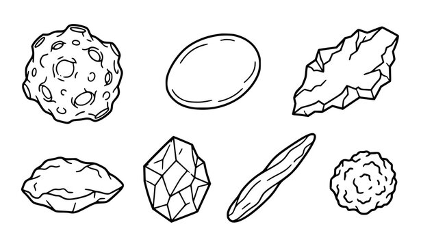 Meteorite outline icon collection with cratered asteroid and space rock vector designs