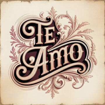 Vintage calligraphy te amo love script on aged parchment with ornate floral border spanish phrase for Love you  Eu te amo mucho for , Feliz dia del Amor, dia de san valentin, 
