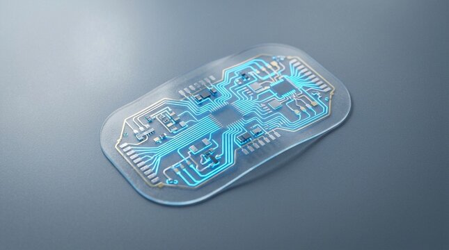 Flexible electronics microchip with glowing blue circuit board pathways on a transparent substrate