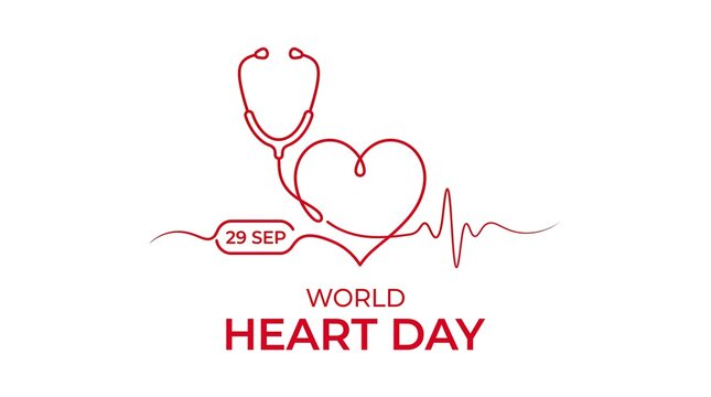 World Heart Day elegant line art stethoscope with heart outline and EKG wave vector illustration design