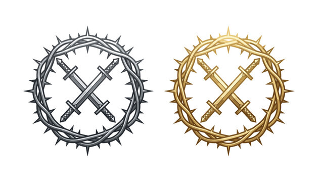 Crown of Thorns Enclosing Crossed Swords Vector Icon Set Featuring Silver and Gold Metallic Emblems Isolated on White