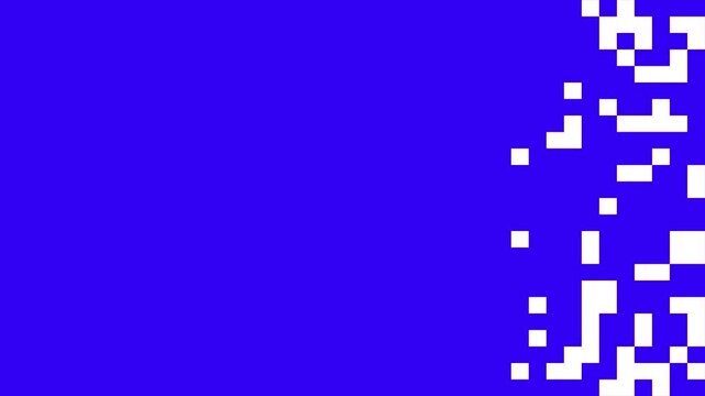 Blue and white pixelated squares wipe across the frame. Clean digital transition for modern video reveals and tech-themed content.