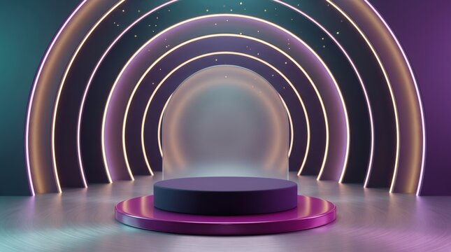 Futuristic purple podium with neon archway for product showcase or presentation