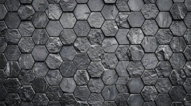 dark grey hexagonal stone tile wall background surface with modern geometric texture pattern for architectural design and interior decoration