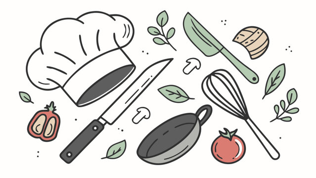 Cooking utensils and chef tools with hat, whisk, frying pan, knife, vegetables and herbs for culinary food preparation concept